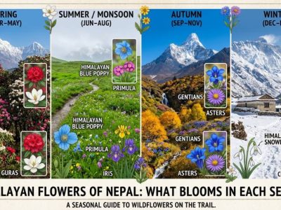 Flores do Himalaia do Nepal, o que floresce em cada estação